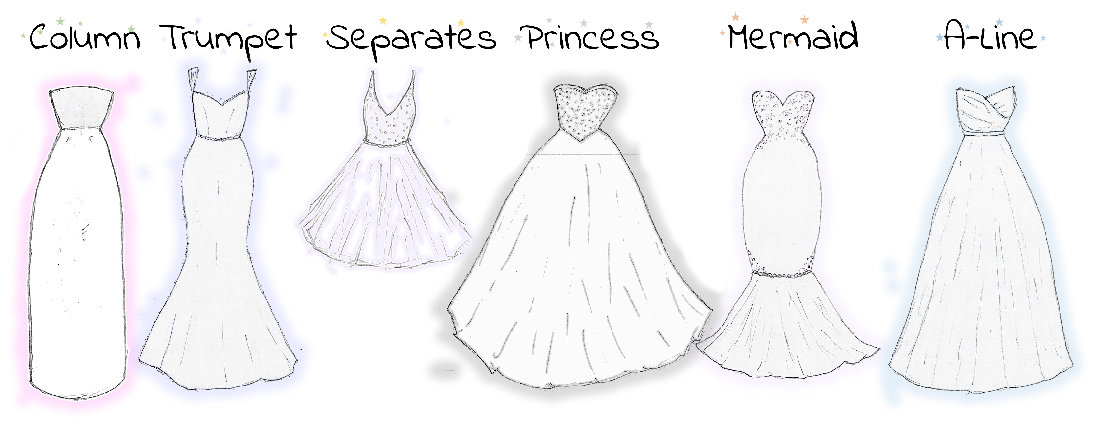 Pencil sketch of wedding dress styles