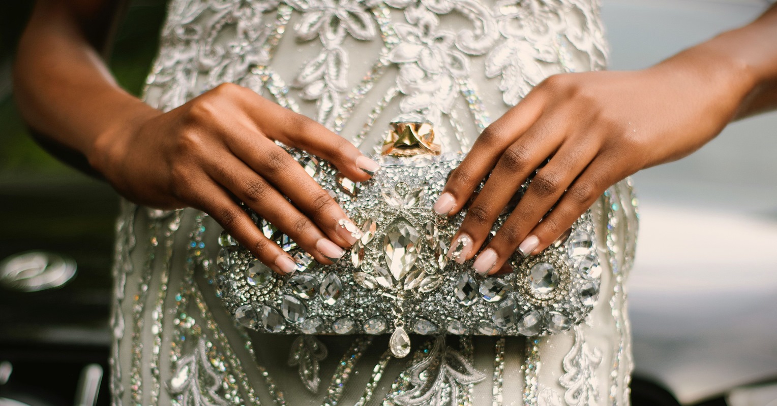 Bride with rhinestone covered purse