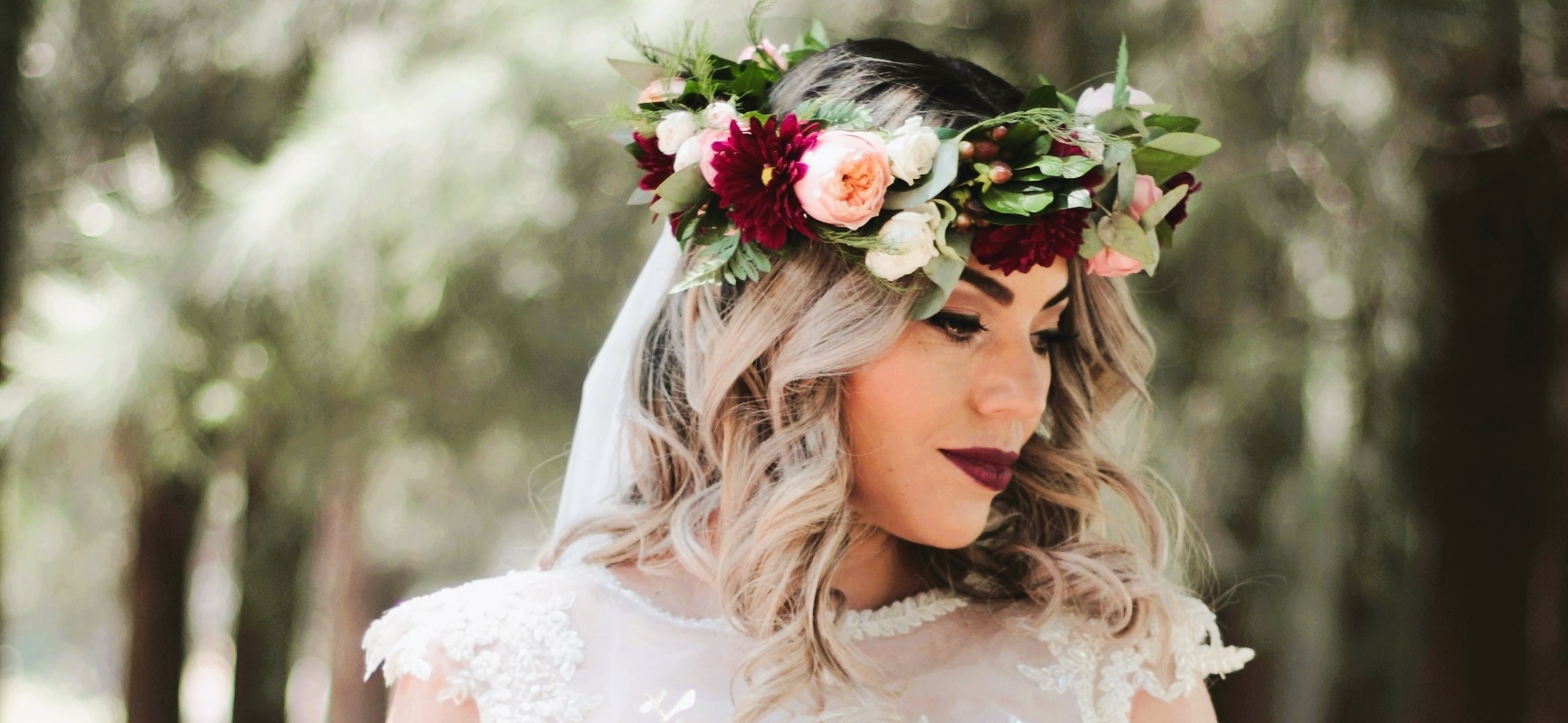 Bride wearing a floral wreath