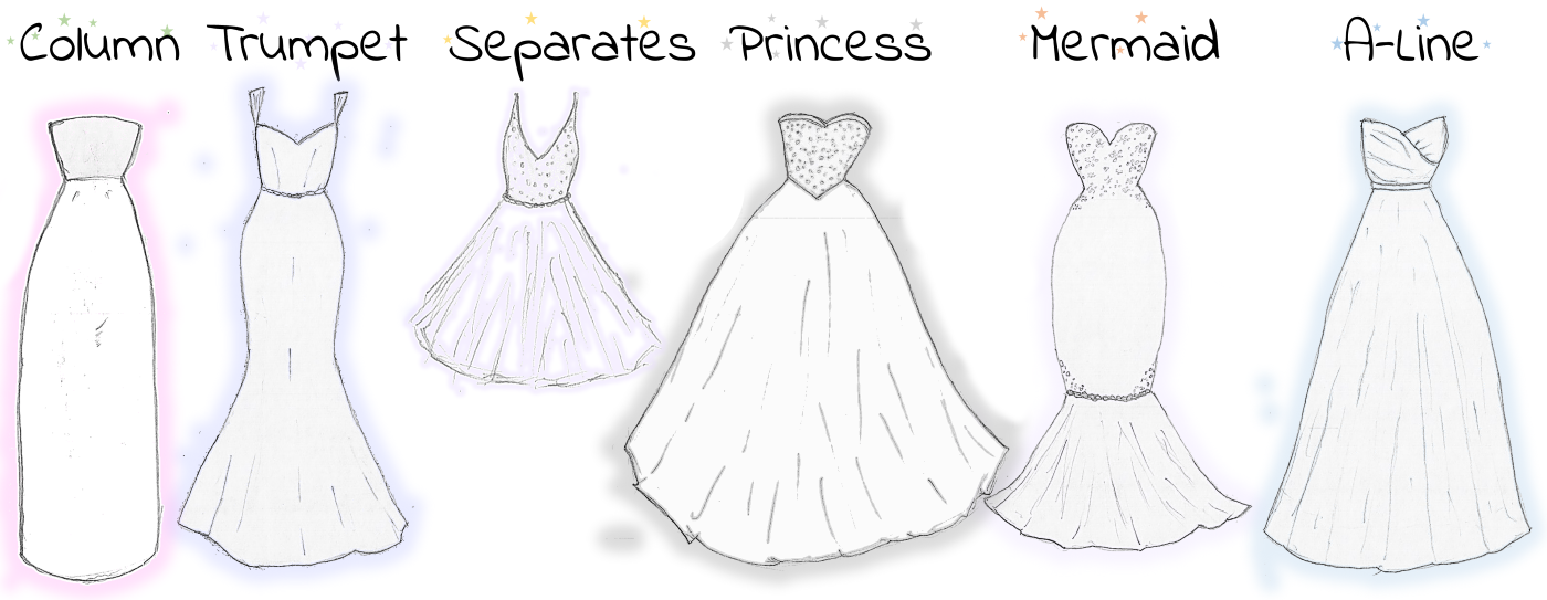 Pencil sketch of wedding dress styles