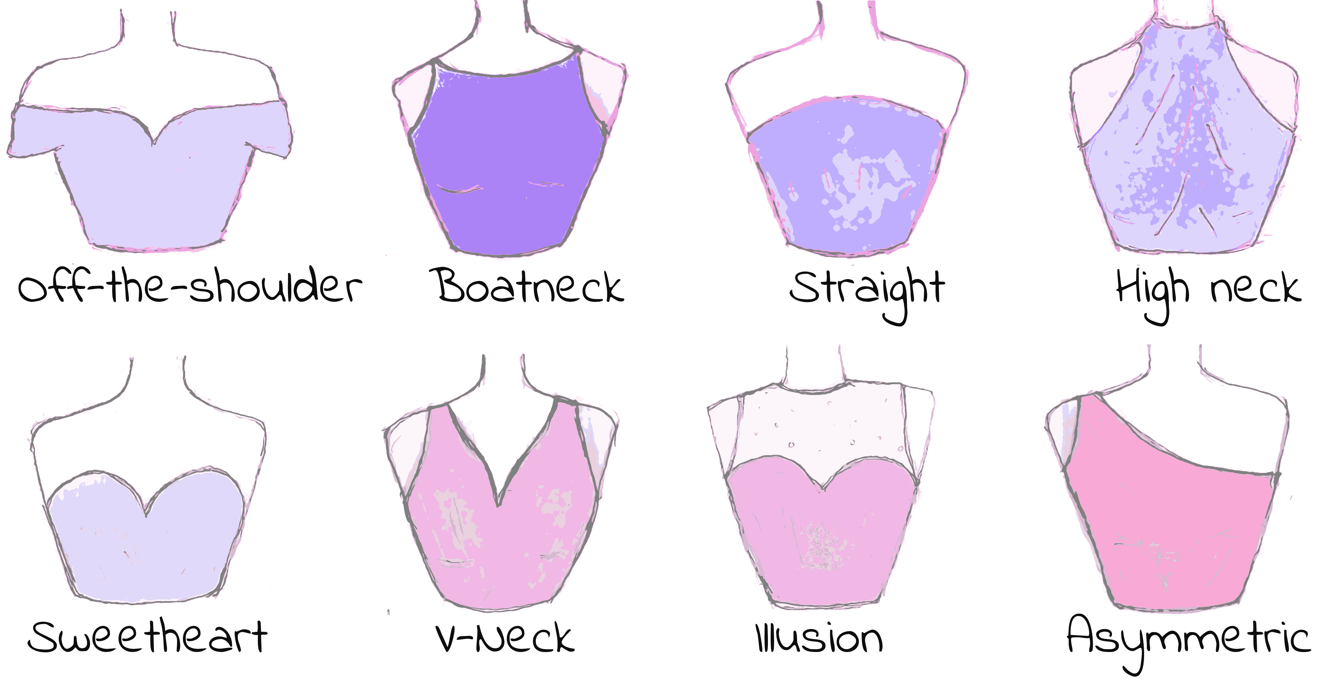 Pencil sketch of dress neckline styles